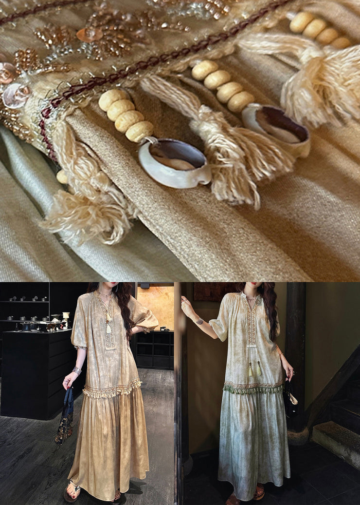 Loose Green Tasseled Silk Long Dresses Butterfly Sleeve
