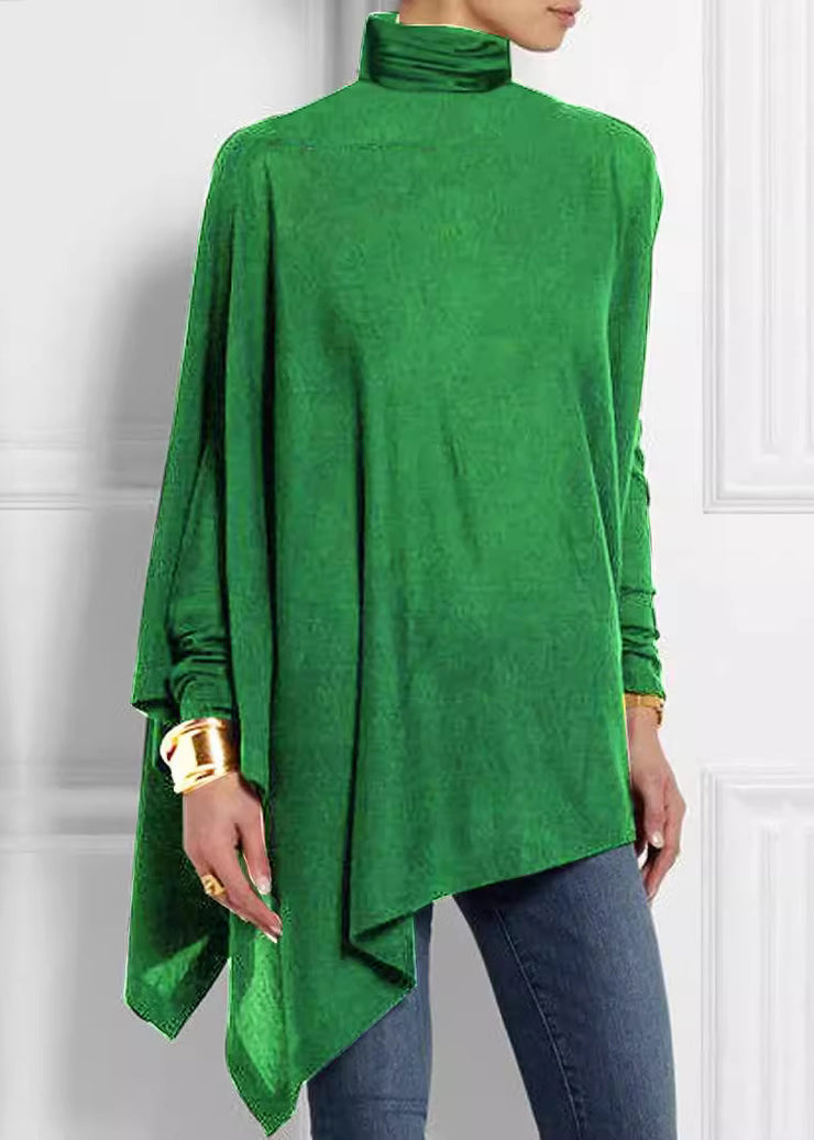 Loose Green Turtleneck Asymmetrical Top Spring