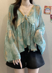 Loose Green V Neck Patchwork Chiffon Shirt Fall