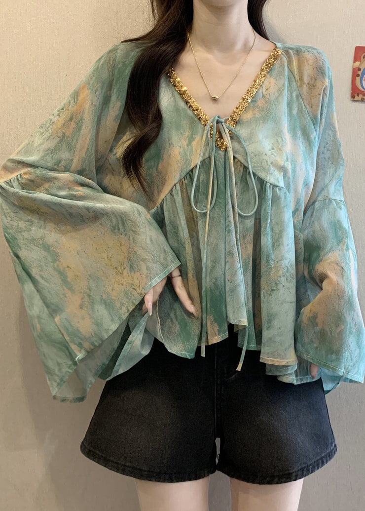 Loose Green V Neck Patchwork Chiffon Shirt Fall