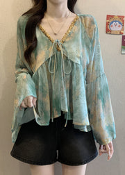 Loose Green V Neck Patchwork Chiffon Shirt Fall