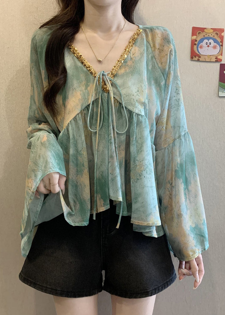 Loose Green V Neck Patchwork Chiffon Shirt Fall