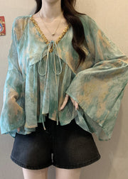 Loose Green V Neck Patchwork Chiffon Shirt Fall
