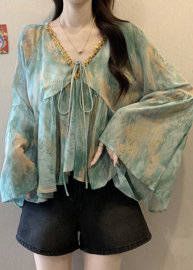 Loose Green V Neck Patchwork Chiffon Shirt Fall