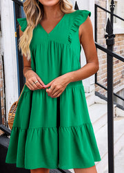 Loose Green V Neck Patchwork Solid Mid Dresses Summe