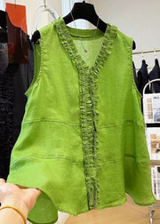 Loose Green V Neck Ruffled Cotton Shirt Sleeveless