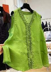 Loose Green V Neck Ruffled Cotton Shirt Sleeveless