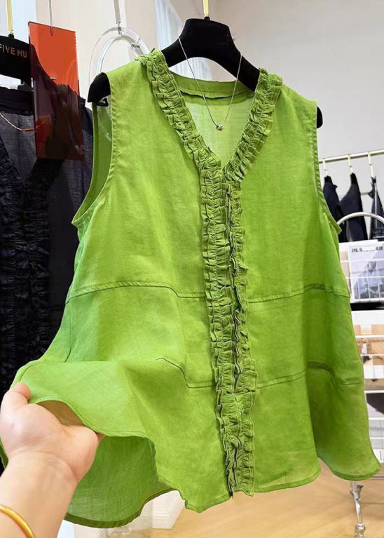 Loose Green V Neck Ruffled Cotton Shirt Sleeveless