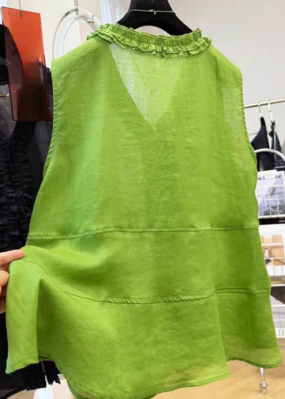 Loose Green V Neck Ruffled Cotton Shirt Sleeveless