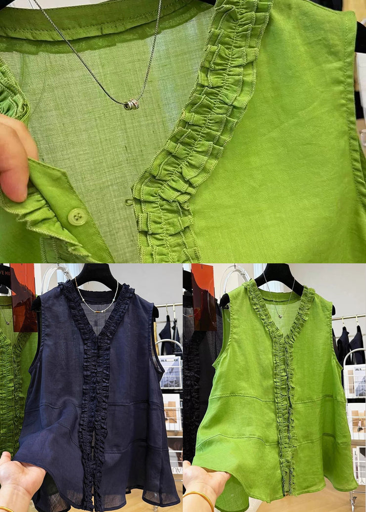 Loose Green V Neck Ruffled Cotton Shirt Sleeveless