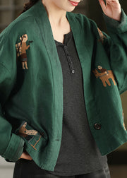 Loose Green V Neck Solid Coats Long Sleeve
