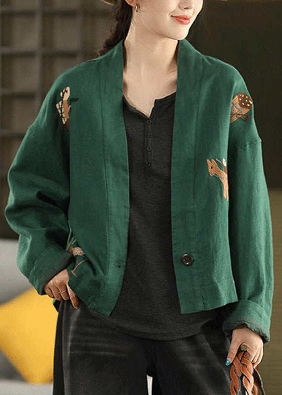 Loose Green V Neck Solid Coats Long Sleeve