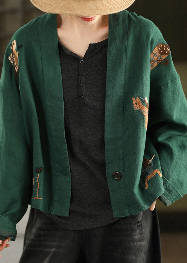 Loose Green V Neck Solid Coats Long Sleeve