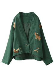 Loose Green V Neck Solid Coats Long Sleeve
