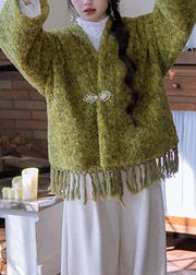 Loose Green V Neck Tasseled Button Warm Fleece Teddy Coats Winter