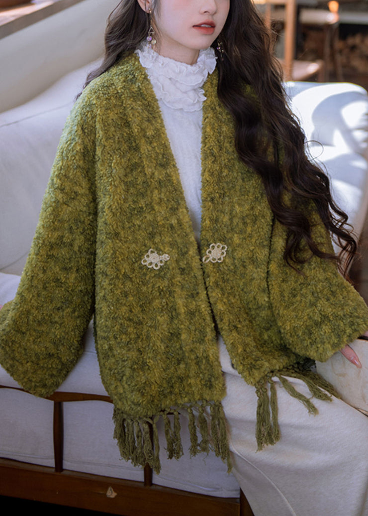 Loose Green V Neck Tasseled Button Warm Fleece Teddy Coats Winter
