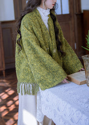 Loose Green V Neck Tasseled Button Warm Fleece Teddy Coats Winter