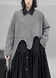 Loose Grey Asymmetrical Cozy Knit Sweater Tops Fall