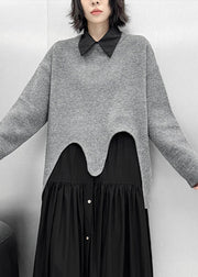 Loose Grey Asymmetrical Cozy Knit Sweater Tops Fall
