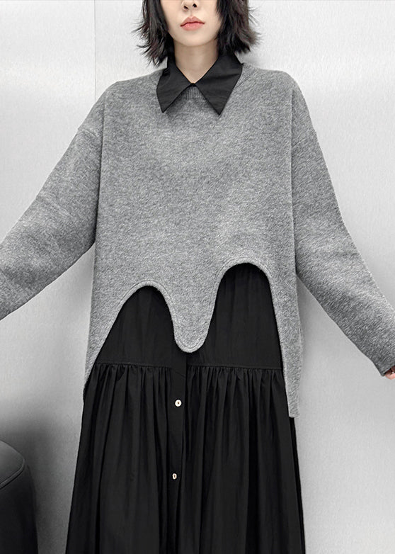 Loose Grey Asymmetrical Cozy Knit Sweater Tops Fall