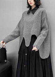 Loose Grey Asymmetrical Cozy Knit Sweater Tops Fall