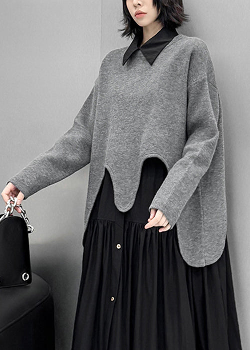 Loose Grey Asymmetrical Cozy Knit Sweater Tops Fall