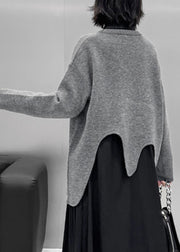 Loose Grey Asymmetrical Cozy Knit Sweater Tops Fall