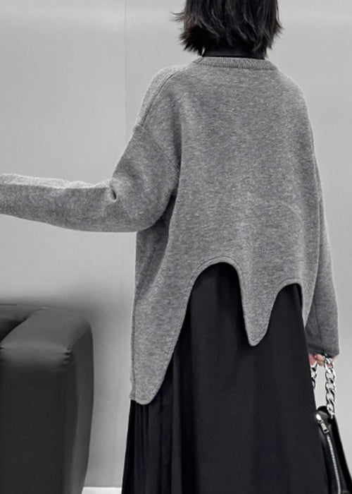 Loose Grey Asymmetrical Cozy Knit Sweater Tops Fall