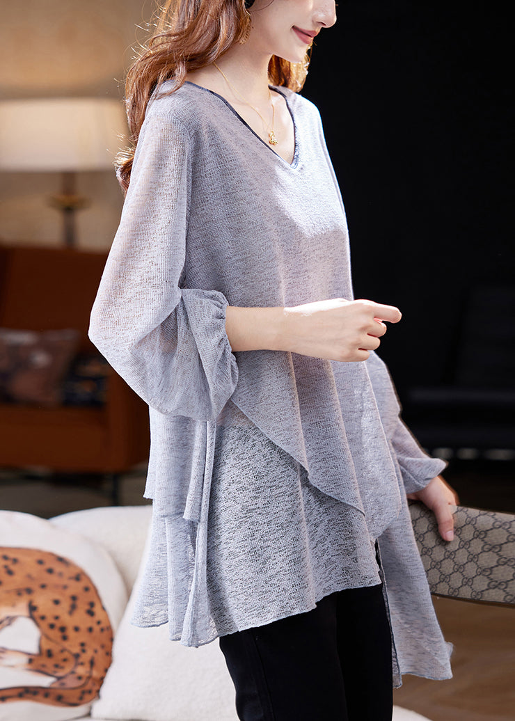 Loose Grey Asymmetrical Solid Thin Knit T Shirts Fall