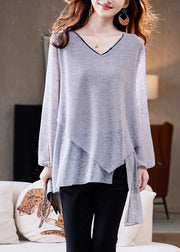 Loose Grey Asymmetrical Solid Thin Knit T Shirts Fall