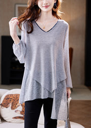 Loose Grey Asymmetrical Solid Thin Knit T Shirts Fall