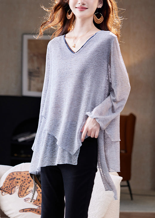Loose Grey Asymmetrical Solid Thin Knit T Shirts Fall
