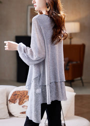Loose Grey Asymmetrical Solid Thin Knit T Shirts Fall