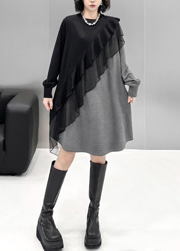 Loose Grey Asymmetrical Tulle Patchwork Cotton T Shirt Dress Fall