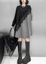 Loose Grey Asymmetrical Tulle Patchwork Cotton T Shirt Dress Fall