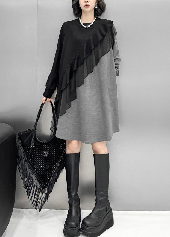 Loose Grey Asymmetrical Tulle Patchwork Cotton T Shirt Dress Fall