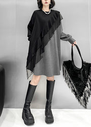 Loose Grey Asymmetrical Tulle Patchwork Cotton T Shirt Dress Fall