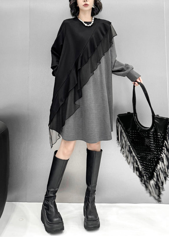 Loose Grey Asymmetrical Tulle Patchwork Cotton T Shirt Dress Fall