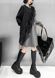 Loose Grey Asymmetrical Tulle Patchwork Cotton T Shirt Dress Fall
