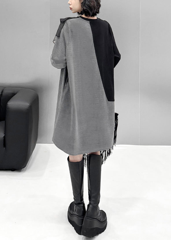 Loose Grey Asymmetrical Tulle Patchwork Cotton T Shirt Dress Fall