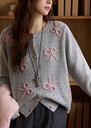 Loose Grey Bow Embroidered Cotton Knit Cardigan Fall