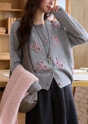 Loose Grey Bow Embroidered Cotton Knit Cardigan Fall