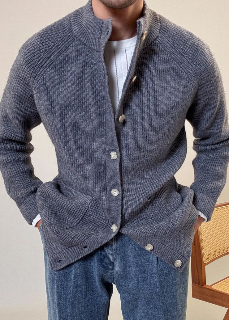 Loose Grey Button Pockets Cozy Cotton Knit Mens Coats