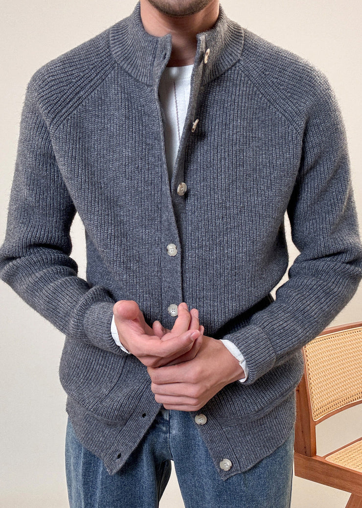 Loose Grey Button Pockets Cozy Cotton Knit Mens Coats