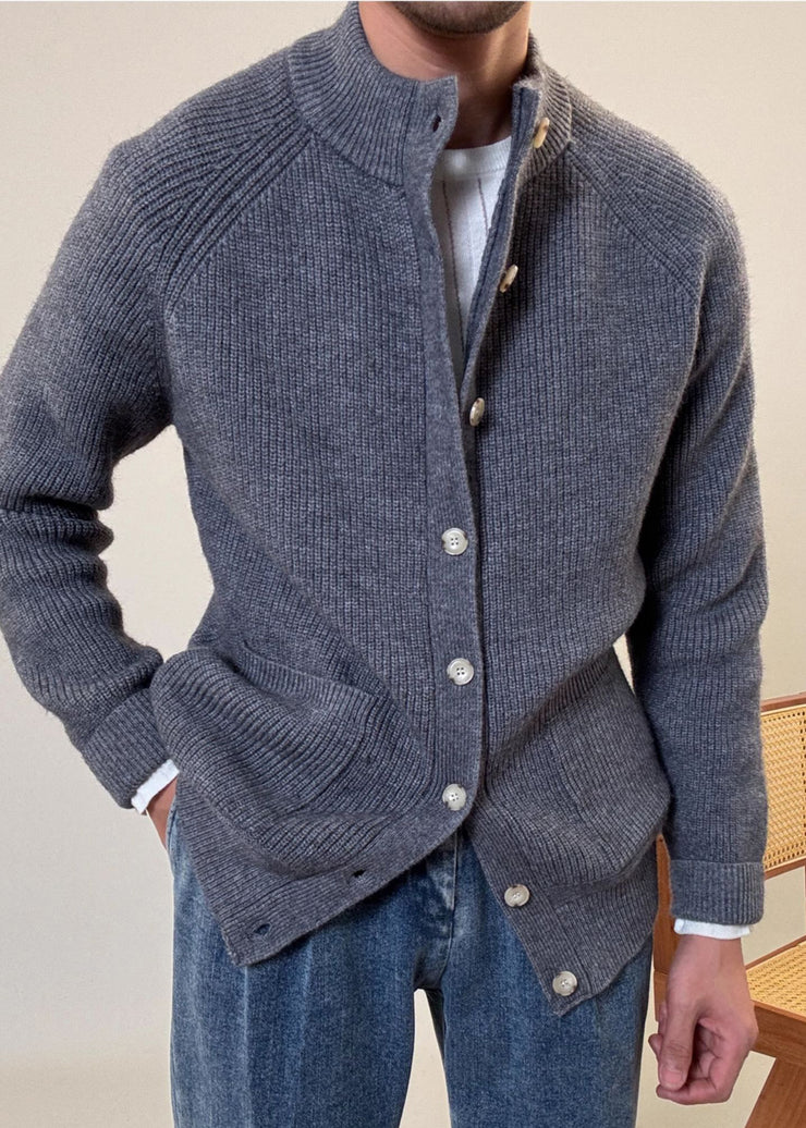 Loose Grey Button Pockets Cozy Cotton Knit Mens Coats