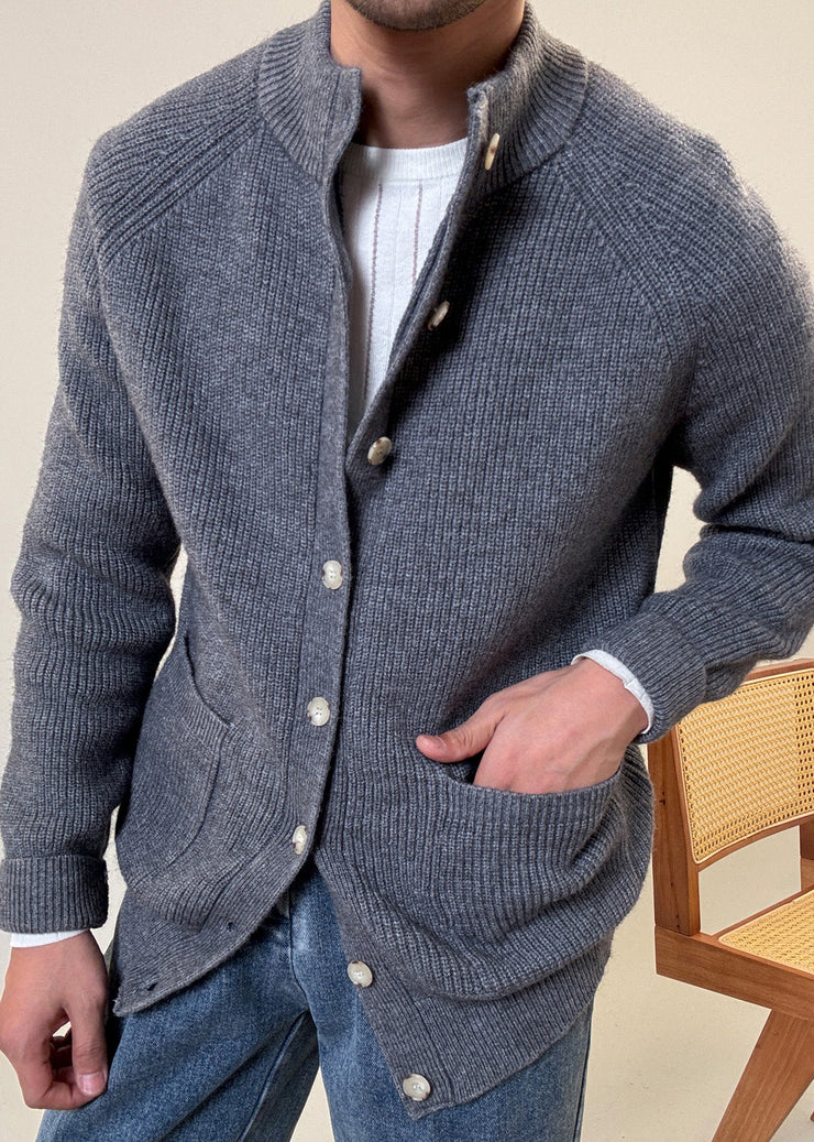Loose Grey Button Pockets Cozy Cotton Knit Mens Coats