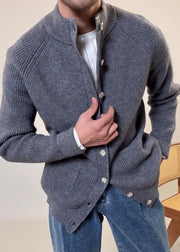 Loose Grey Button Pockets Cozy Cotton Knit Mens Coats