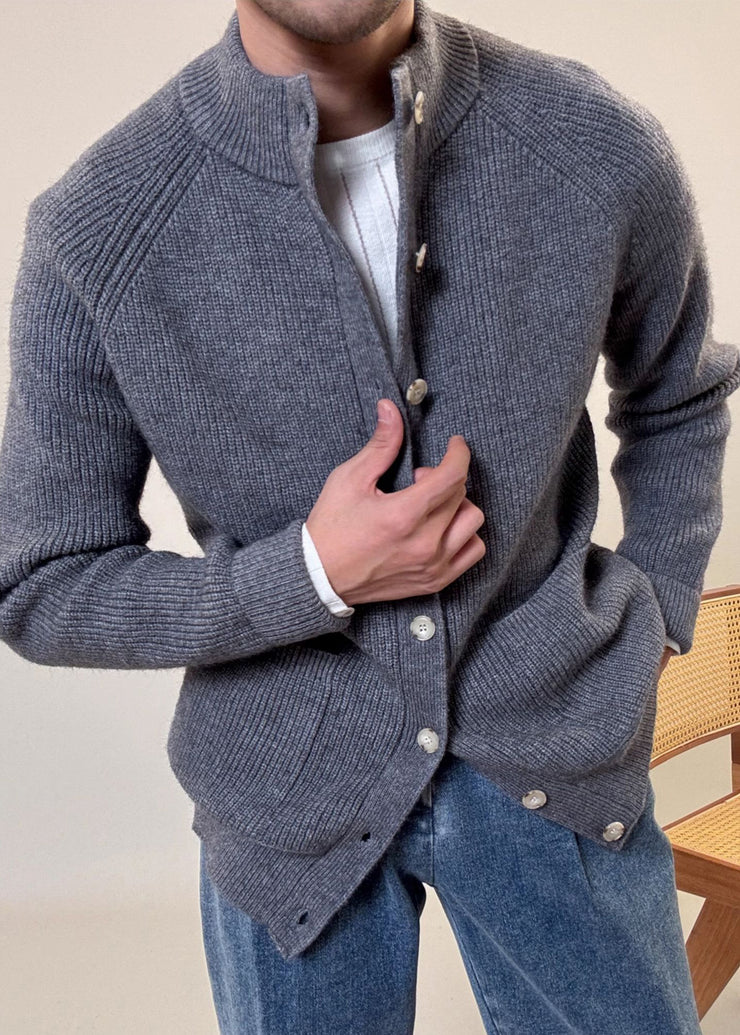 Loose Grey Button Pockets Cozy Cotton Knit Mens Coats