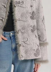 Loose Grey Button Side Open Fluffy Patchwork Cotton Filled Parkas Winter
