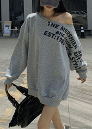 Loose Grey Cold Shoulder Letter Print Cotton Sweatshirt Spring